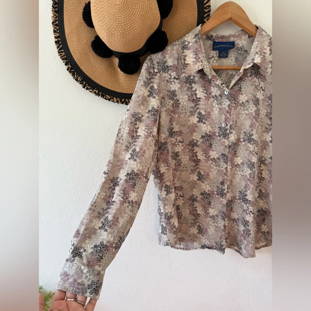 Vintage Charter Club Silk Floral Button Down Blouse Size 10